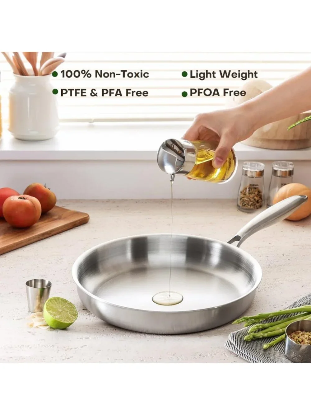 10-Inch Tri-Ply Stainless Steel Frying Pan with Lid - PFOA Free, Dishwasher Safe